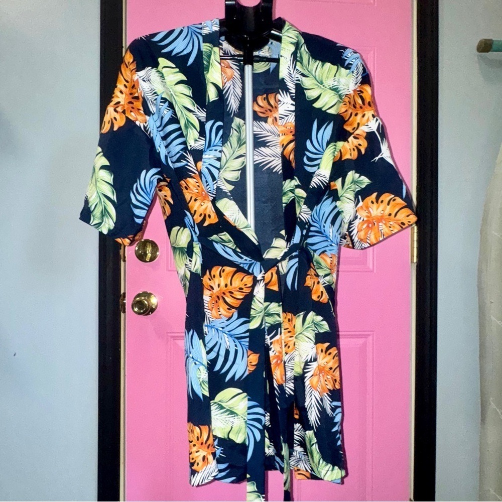 Shein Curve 0XL Tropical Leaf‎ Kimono Cardigan Navy Blue Short Sleeve Tie Front